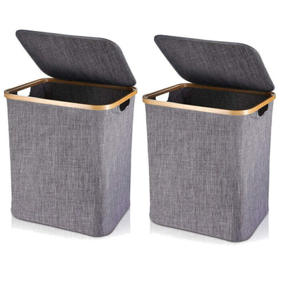 Skanto | Basket with Lid 60L, Laundry Basket with Bamboo Handle and Lid, Foldable