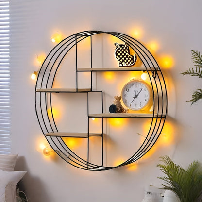 Round Wall Shelf with 4 Tiers – Retro Design made of Wood & Metal | Decorative Hanging Shelf for Living Room, Bathroom & Bedroom | Karnz