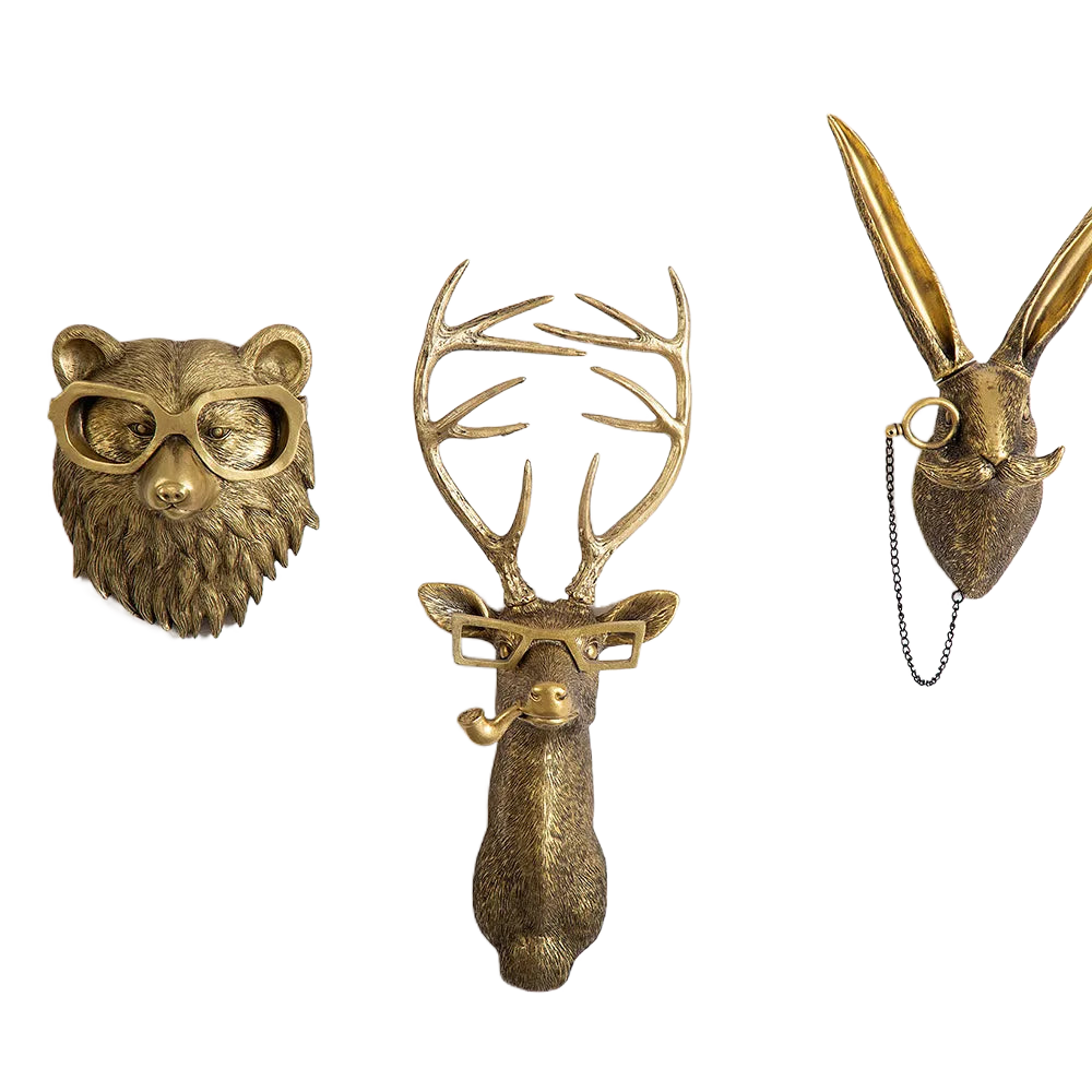 Skanto | Antique Bronze Resin Animal Motif Golden Deer Head Wall Hook Background Wall Accessory Decorative Figurines