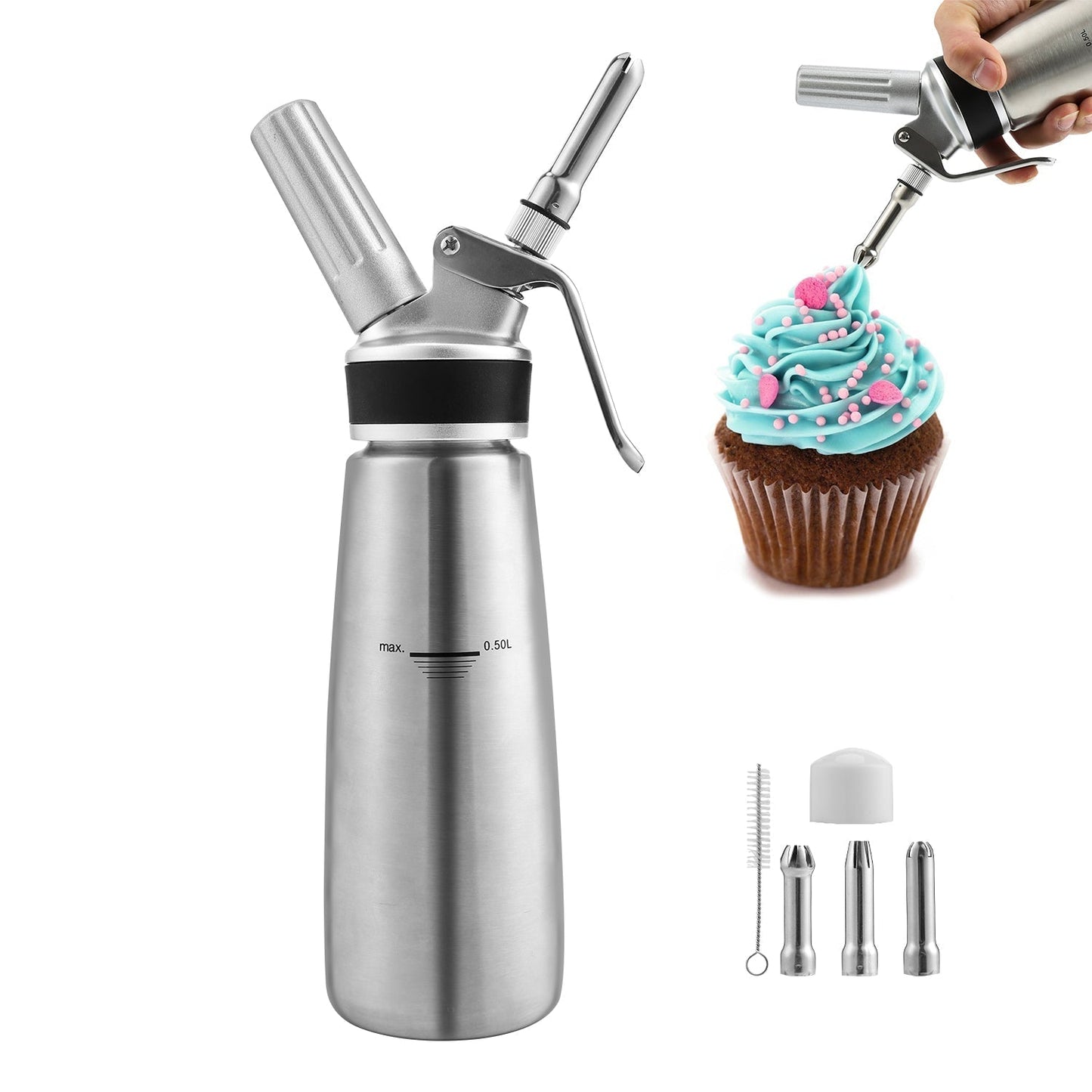 Cream dispenser stainless steel with 3 nozzles 500ml | Karnz