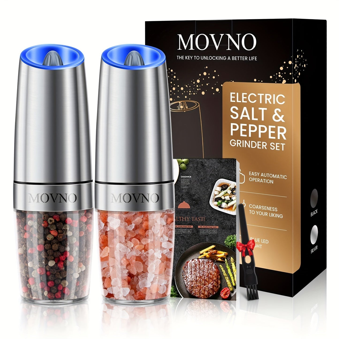 Skanto | Gravity Electric Salt and Pepper Grinder Set: Battery Operated with LED Light, One-Handed Automatic Operation, Adjustable Coarseness, Black - Kitchen Gadget Gift Idea