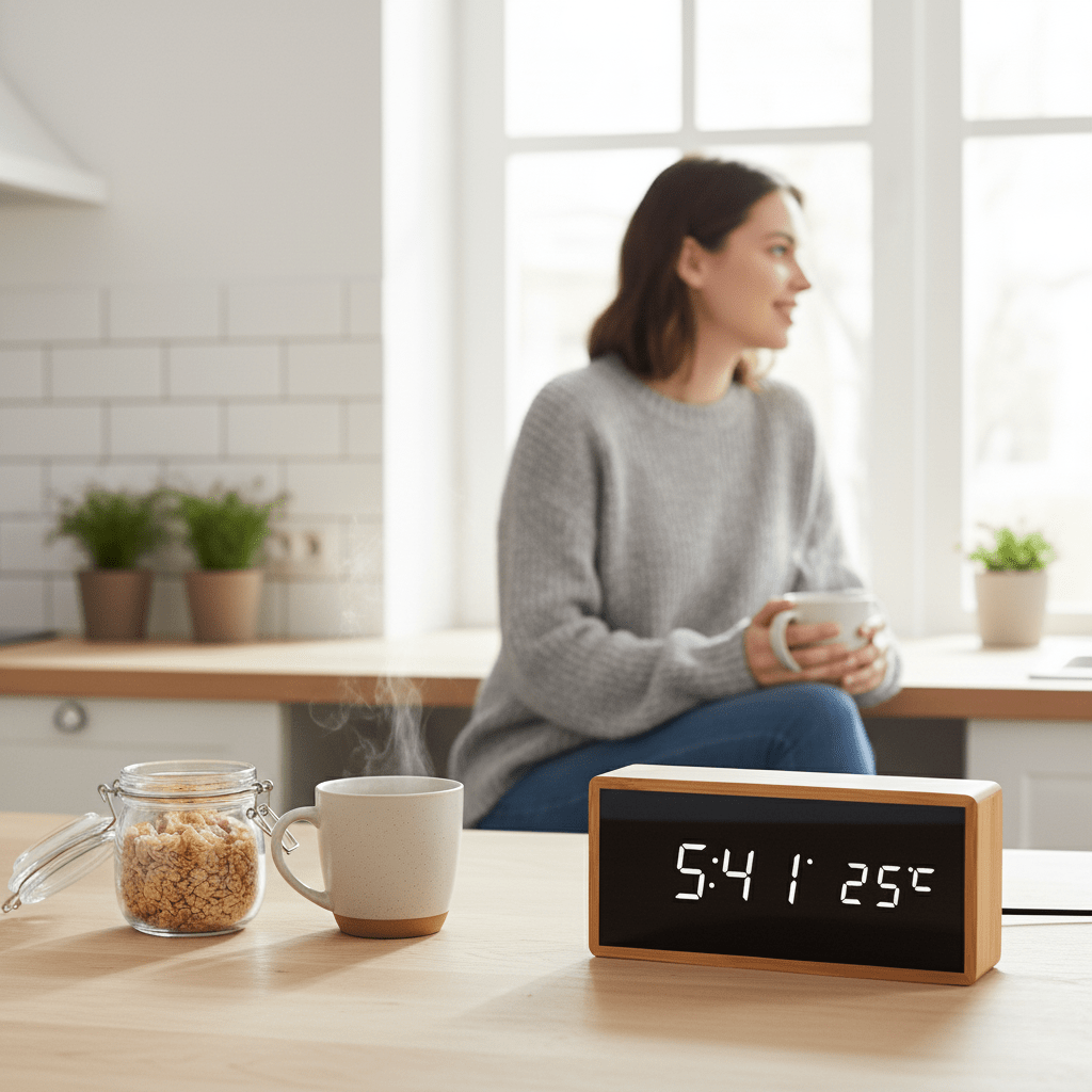 BowLift | LED Bamboo Alarm Clock with Temperature Display & USB/Battery Operation