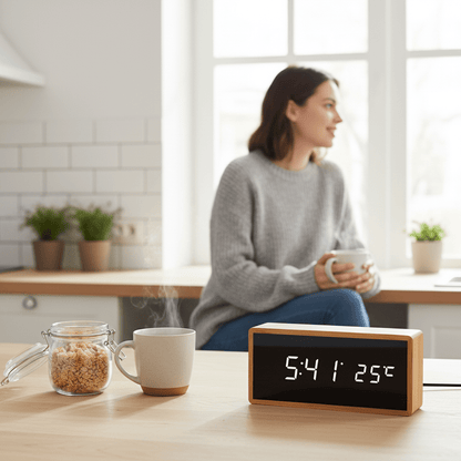 BowLift | LED Bamboo Alarm Clock with Temperature Display & USB/Battery Operation