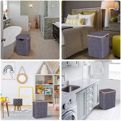 Skanto | Basket with Lid 60L, Laundry Basket with Bamboo Handle and Lid, Foldable