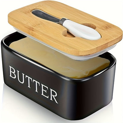 Luxurious large butter dish with lid – Ceramic counter container with knife, high-quality silicone seal and easy-to-clean design – Perfect kitchen gift for butter lovers