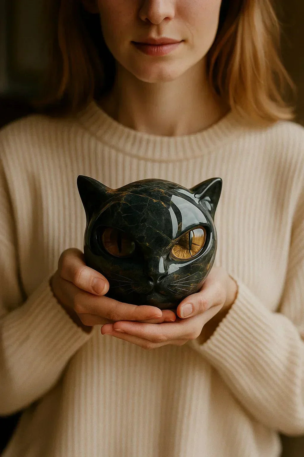 Skanto | NoirCat Sculpture – Black Cat Head with Hypnotic Eyes