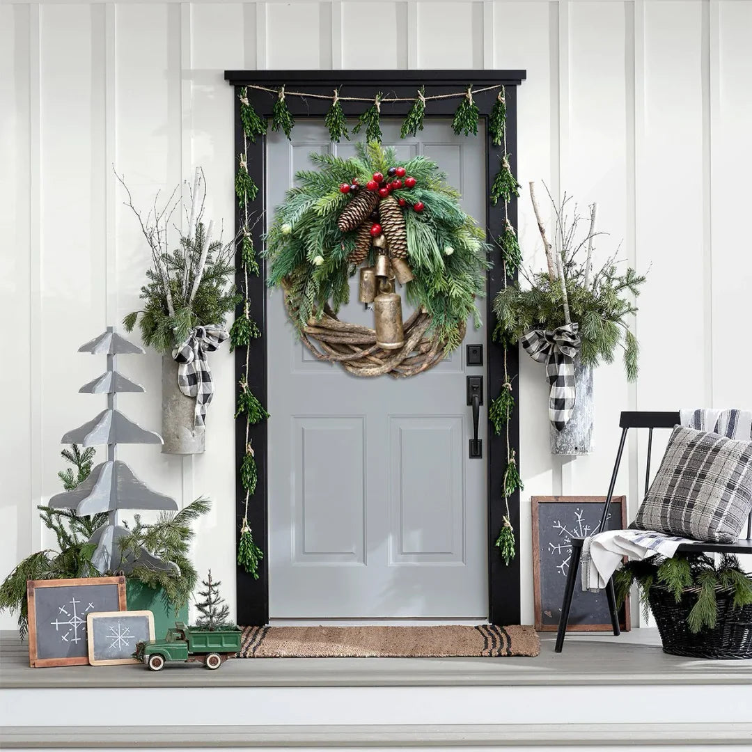 Skanto | Christmas Wreath | Boho Style | Rustic Winter Base with Pinecones and Golden Bells