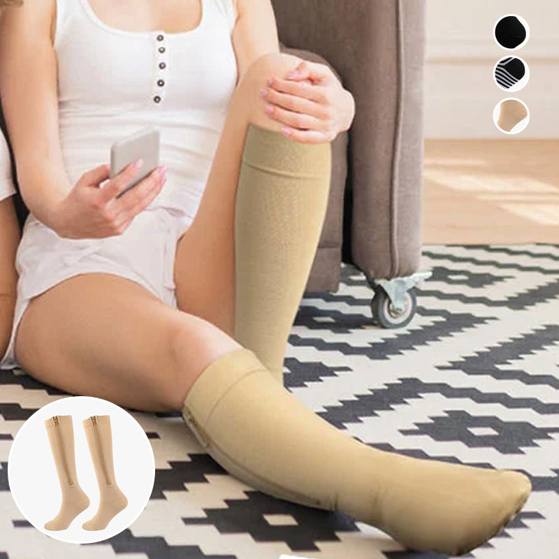 Elastic compression stockings with zipper