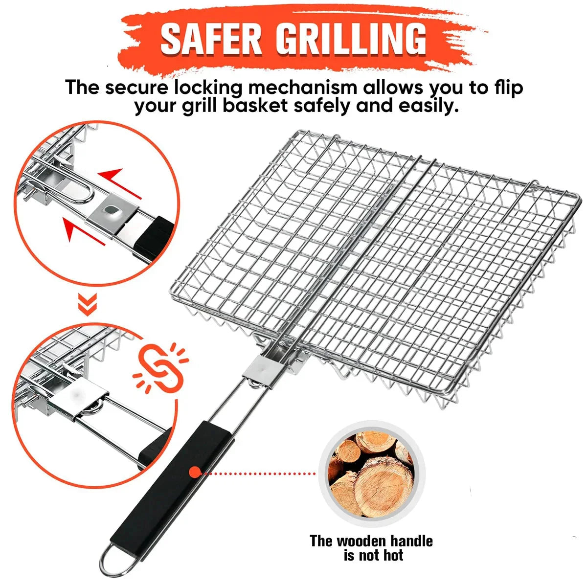 Folding Grill Basket with Wooden Handle Outdoor Camping BBQ Rack | Bowlift