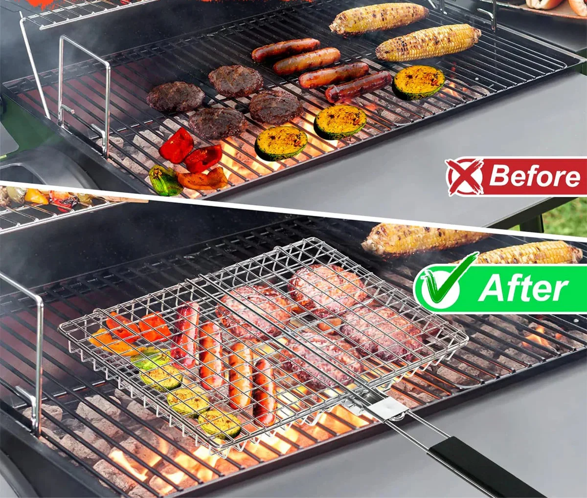 Folding Grill Basket with Wooden Handle Outdoor Camping BBQ Rack | Bowlift
