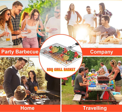 Folding Grill Basket with Wooden Handle Outdoor Camping BBQ Rack | Bowlift