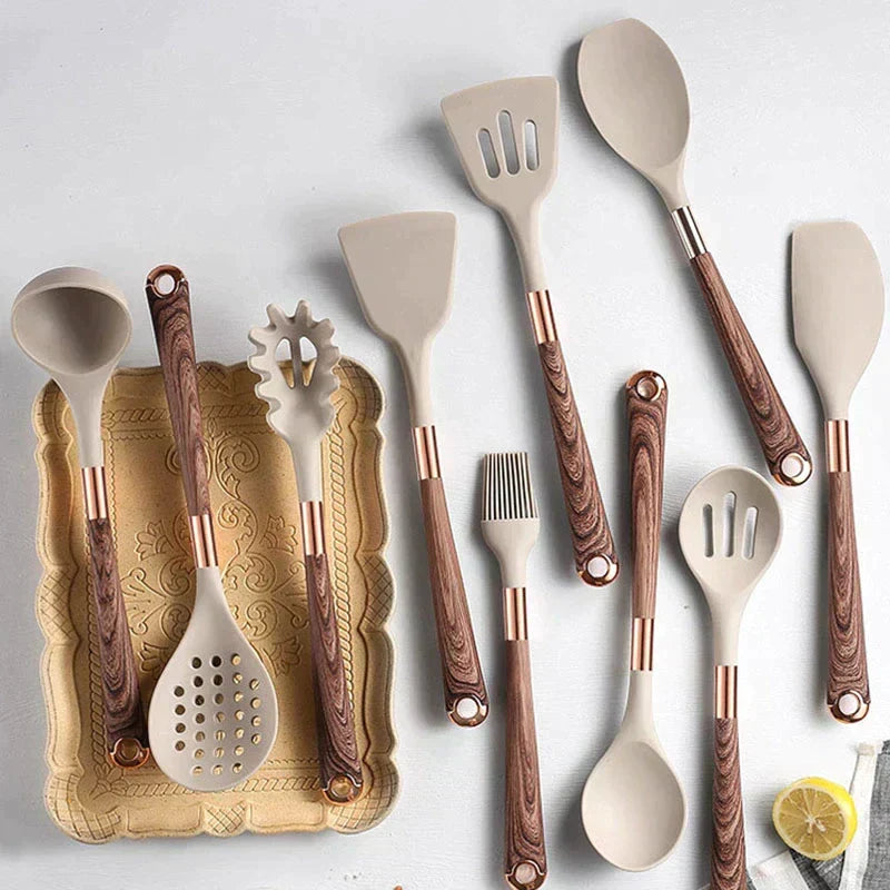 Skanto | Food-Safe Silicone Kitchen Utensils with Wooden Handles - KitchenElegance
