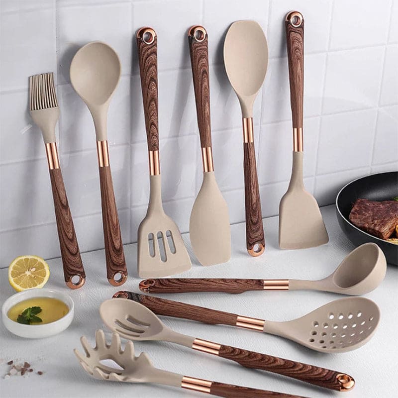 Skanto | Food-Safe Silicone Kitchen Utensils with Wooden Handles - KitchenElegance