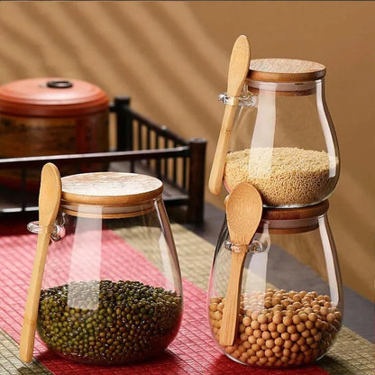 Glass Food Storage Jar with Airtight Wooden Lid and Spoon Container | Bowlift