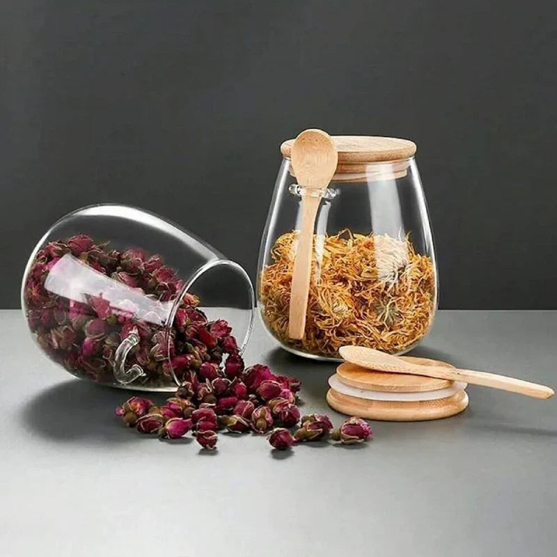Glass Food Storage Jar with Airtight Wooden Lid and Spoon Container | Bowlift