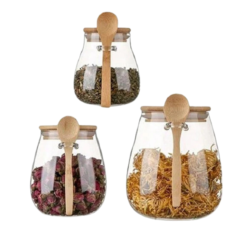 Glass Food Storage Jar with Airtight Wooden Lid and Spoon Container | Bowlift