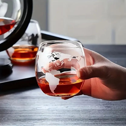 Glass Whiskey Decanter Set with Wooden Stand Etched World Ball Design | Bowlift