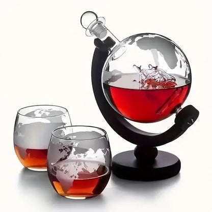 Glass Whiskey Decanter Set with Wooden Stand Etched World Ball Design | Bowlift