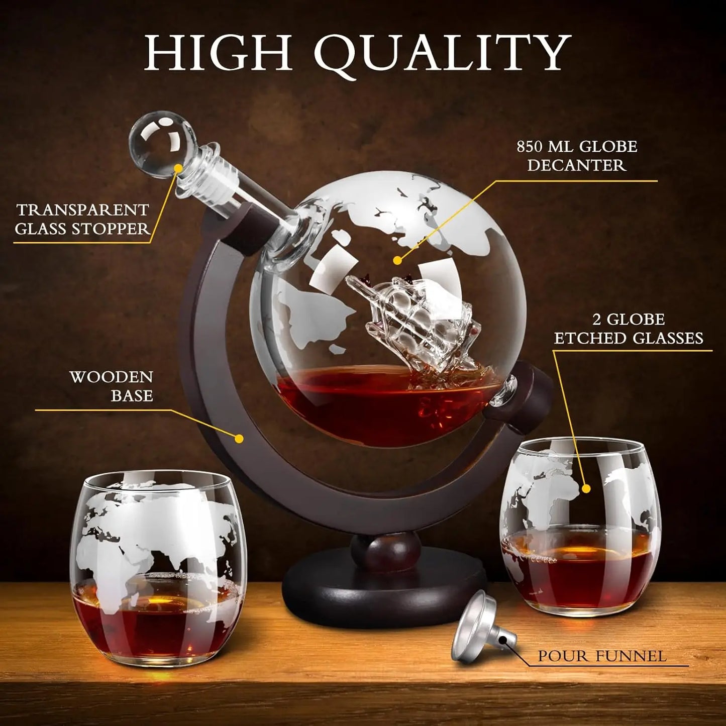 Glass Whiskey Decanter Set with Wooden Stand Etched World Ball Design | Bowlift