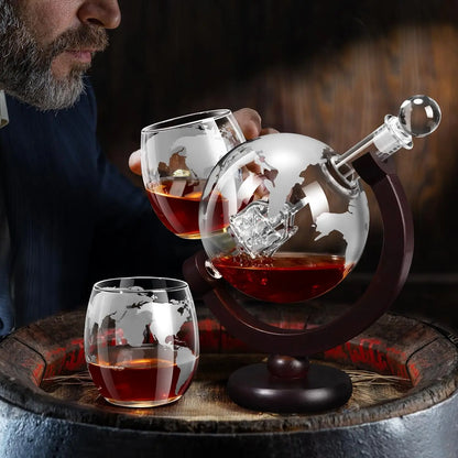 Glass Whiskey Decanter Set with Wooden Stand Etched World Ball Design | Bowlift