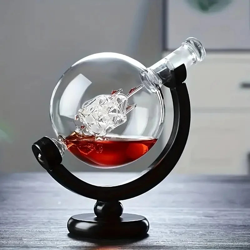 Glass Whiskey Decanter Set with Wooden Stand Etched World Ball Design | Bowlift