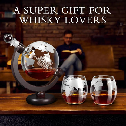 Glass Whiskey Decanter Set with Wooden Stand Etched World Ball Design | Bowlift