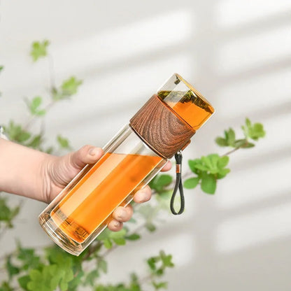 Skanto | Glass & Wood Double-Walled Tea Infuser Thermos Bottle – 500 ml – ClearTherm