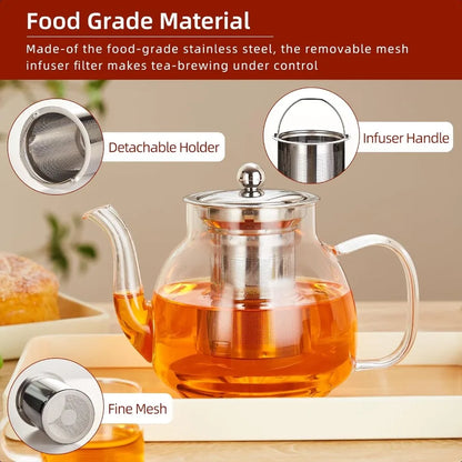 Heat Resistant Borosilicate Glass Tea Kettle Stainless Steel Infuser | Bowlift