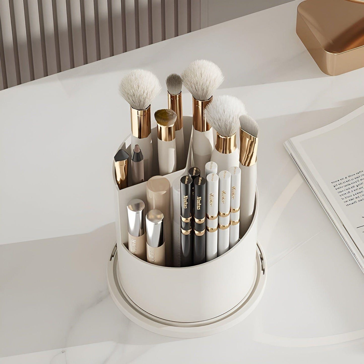 BowLift | Beauty SpinMate – 360° Rotating Makeup Brush Holder & Cosmetic Organiser with Dustproof Lid