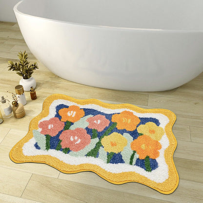 BowLift | Colorful Flower Bathroom Mat, Orange Flora Soft Bathroom Rug, Woven Bath Mat, Purple Tulip Water-Absorbent Non-Slip Bath Mat