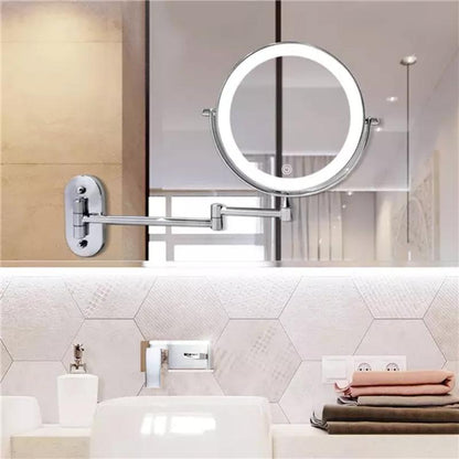 LED wall mirror with chrome frame and magnifying mirror