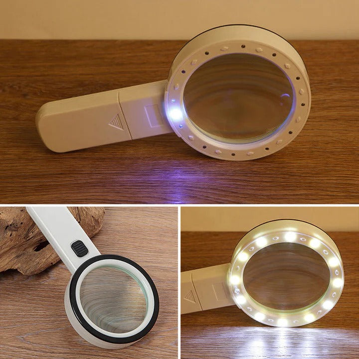 Optical magnifying lens with 30x magnification and LED illumination