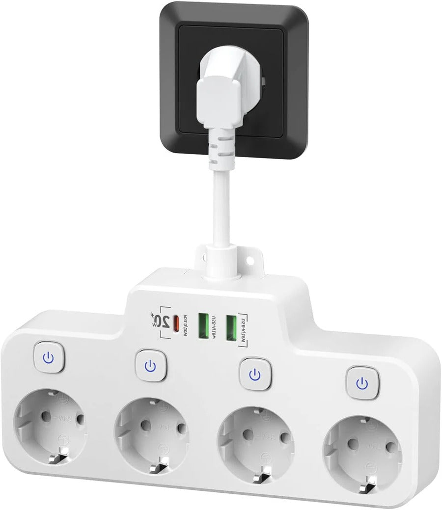 Skanto | Wall-Mounted Power Strip with Individual Switches 2 USB A and 1 USB C