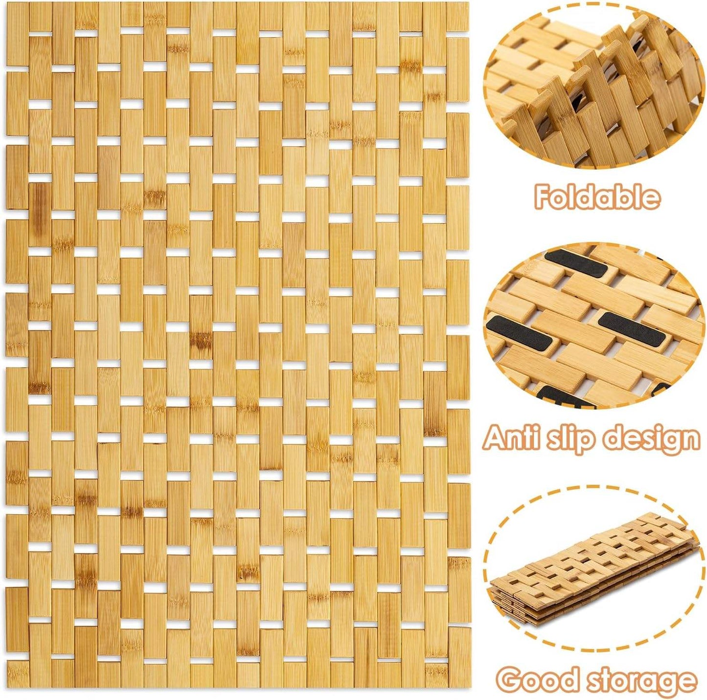 BowLift | Bamboo Bath Mat Non-Slip Water Repellent Runner Rug For Bathroom Natural Wood Bathroom Shower Rug Non-Slip Fabric