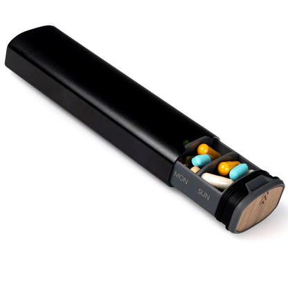 Skanto | MediEase Weekly Pill Organizer – Elegant Wood and Aluminum Pill Box