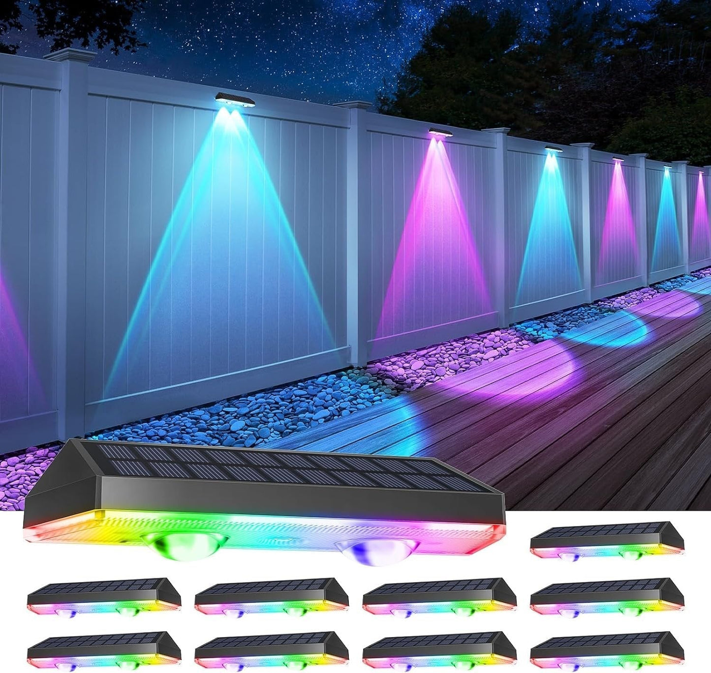 BowLift | Solar fence lights outdoor warm white & RGB changing solar deck lights, LED solar lights for outdoor wall railing terrace stairs step garden backyard