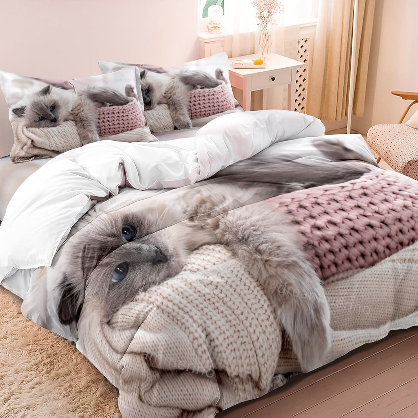 Skanto | Cotton Cat Motif Bedding Set – 3 Piece