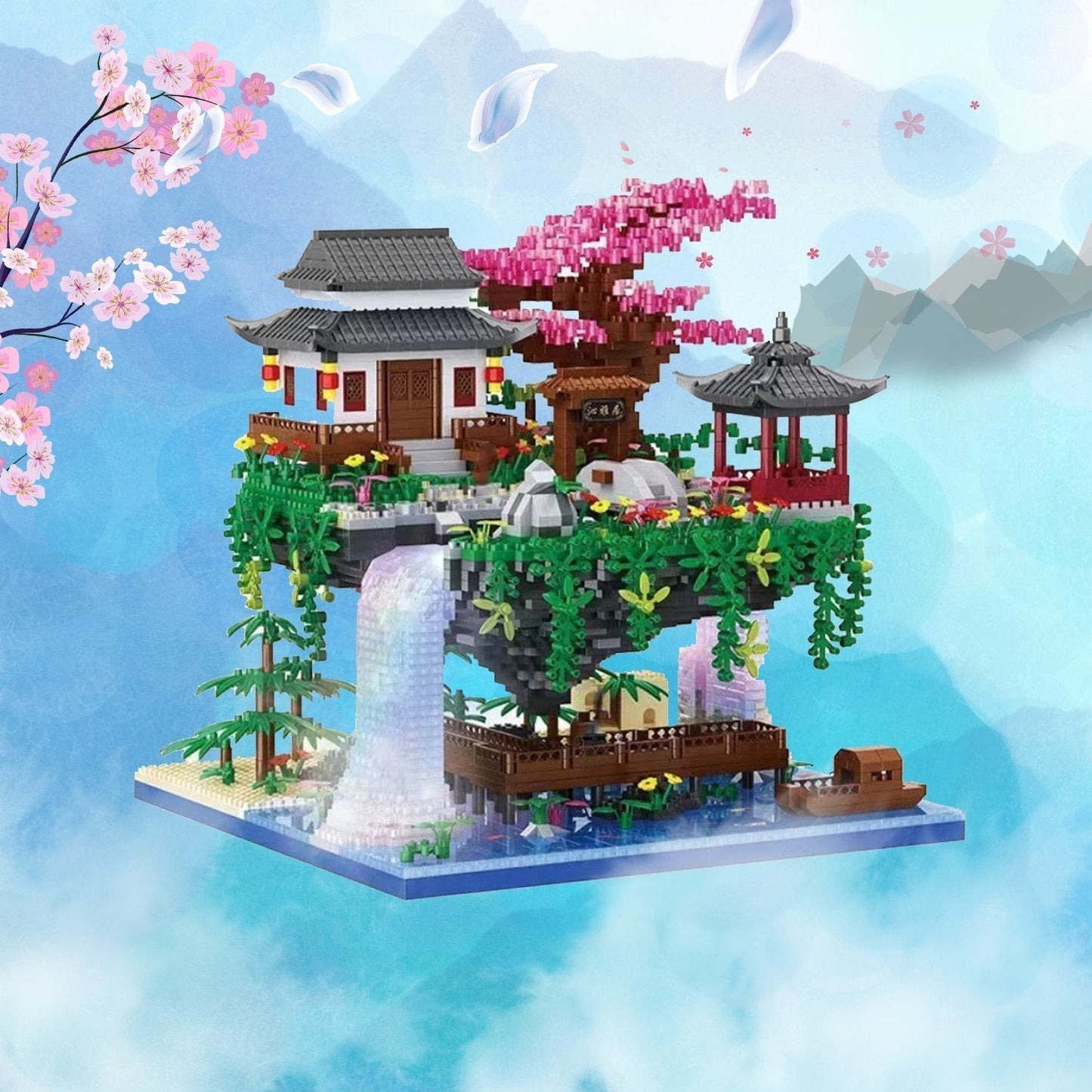 Skanto | Fossfall Japanese House Sakura Floating Island Nano Building Blocks | Limited Stock