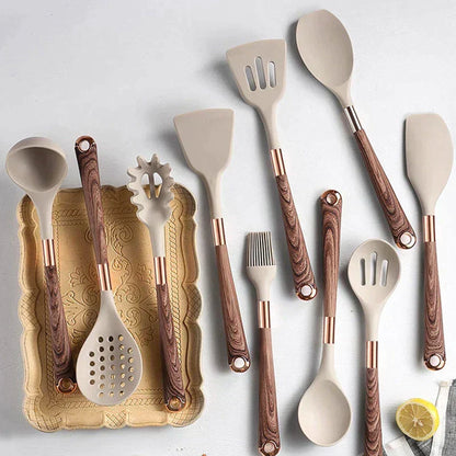 Skanto | Eleganza Cook Set – 10-Piece Silicone Kitchen Set with Wooden Handles