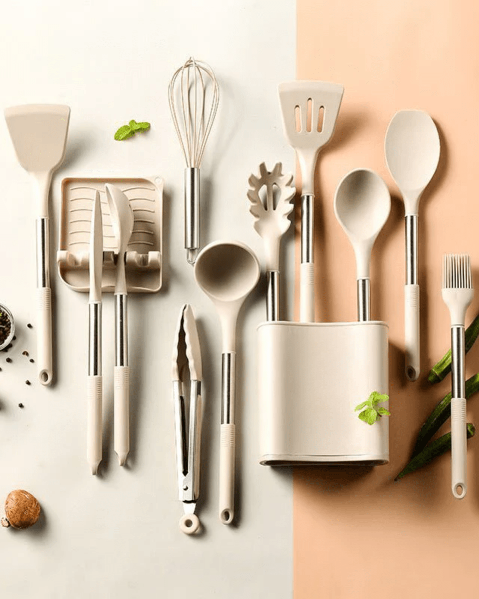 Skanto | KITCHENORA – Complete Utensil Set with Silicone Heads and Wood-Look Handles
