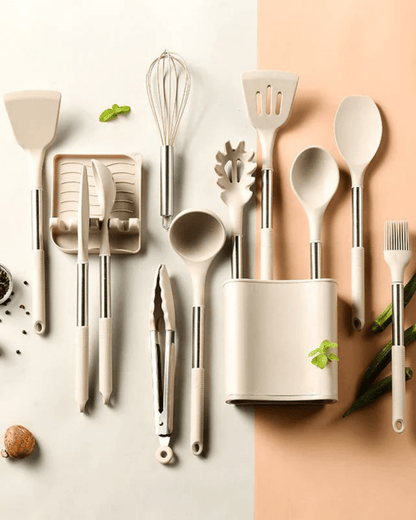 Skanto | KITCHENORA – Complete Utensil Set with Silicone Heads and Wood-Look Handles