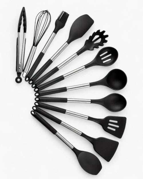 Skanto | KITCHENORA – Complete Utensil Set with Silicone Heads and Wood-Look Handles