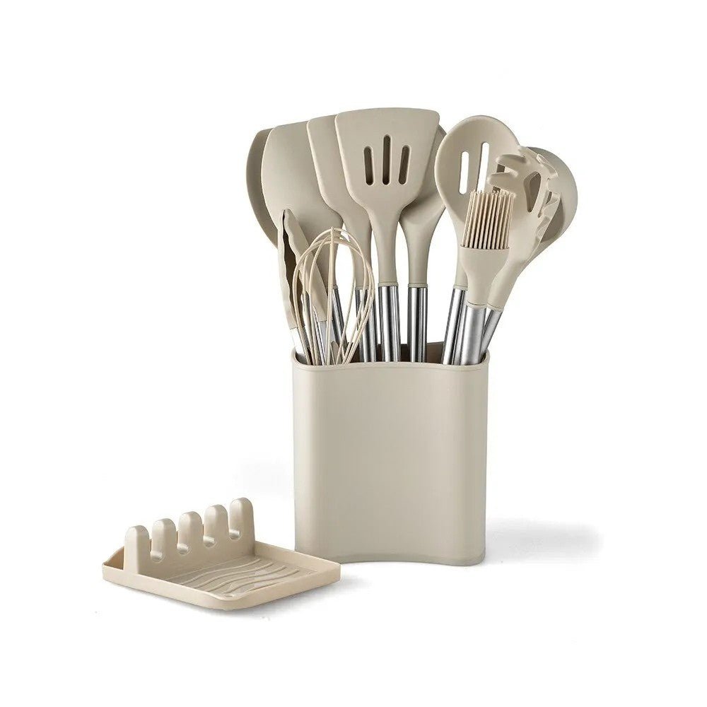 Skanto | KITCHENORA – Complete Utensil Set with Silicone Heads and Wood-Look Handles