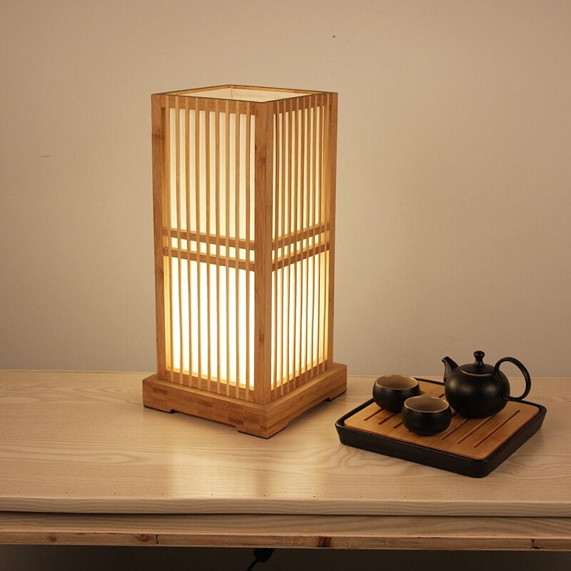Tatami Japanese Bedside Lamp with Wood-Bamboo Shade | Karnz