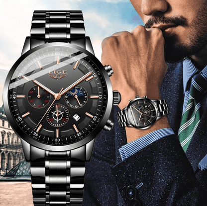 Skanto | Military Black Steel Watch – Elegant Steel Men's Watch with Waterproof Design