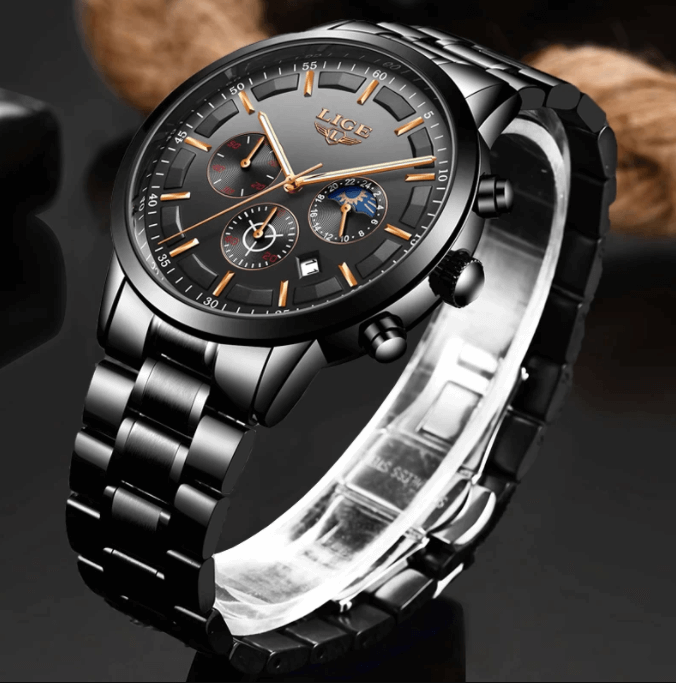 BowLift | Military Black Steel Watch – Men's Stainless Steel Wristwatch with Day, Date & Night Display