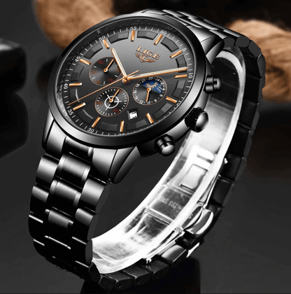 BowLift | Military Black Steel Watch – Men's Stainless Steel Wristwatch with Day, Date & Night Display