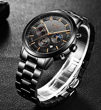 BowLift | Military Black Steel Watch – Men's Stainless Steel Wristwatch with Day, Date & Night Display