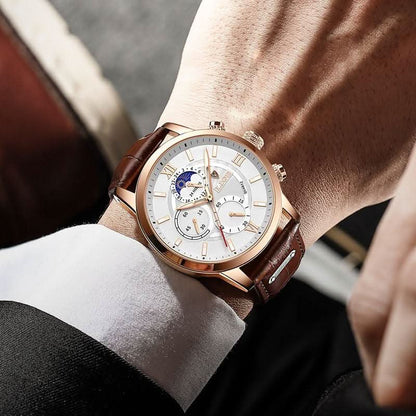 Skanto | Men's Steel Watch with Leather Strap and Date