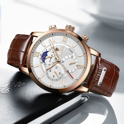 Skanto | Men's Steel Watch with Leather Strap and Date